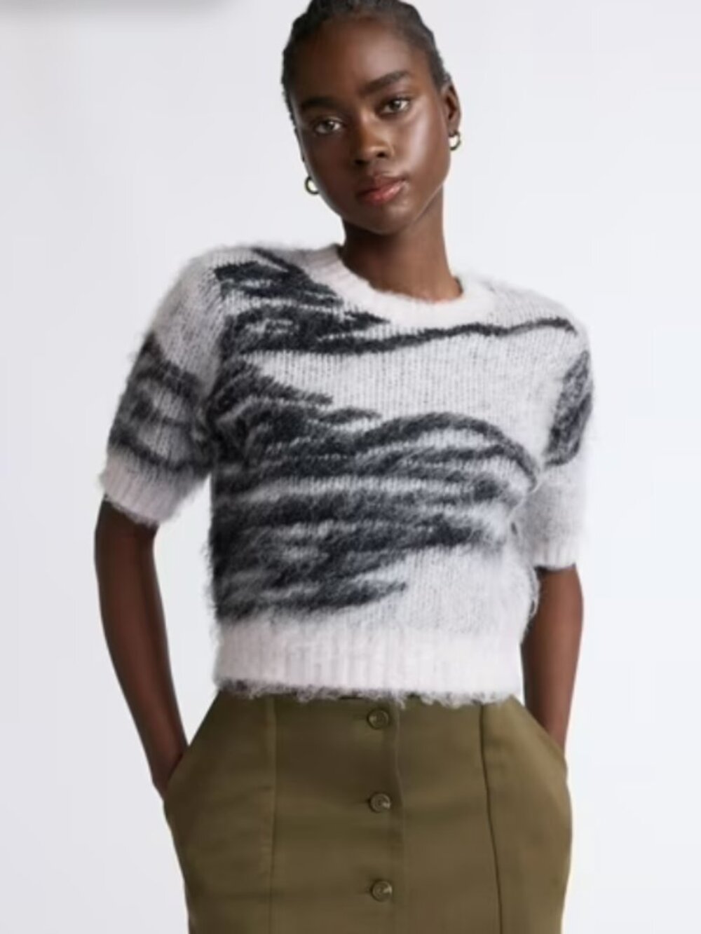 Scoop Gray Pumice Wave Print Fuzzy Knit Sweater | Size XL | NWT